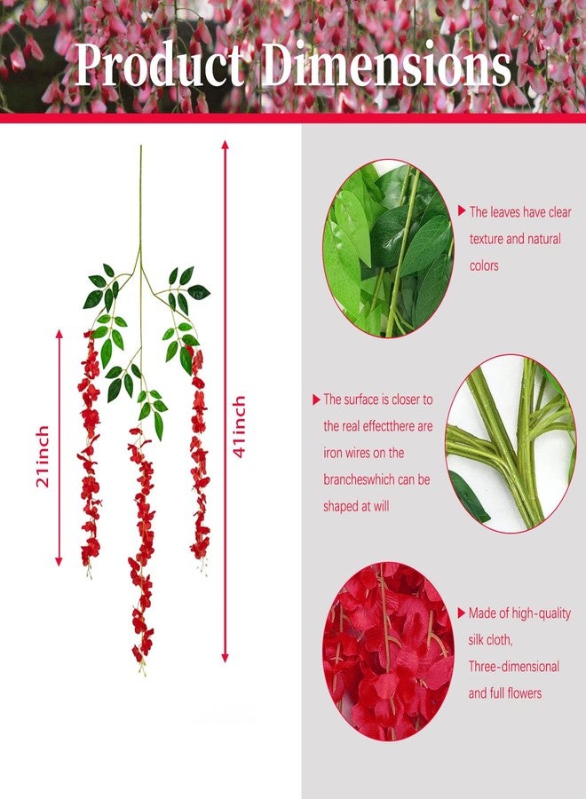ZEBMOON 12 Pack Red Wisteria Hanging Flowers, 3.44 Ft Fake Hanging Flowers, Artificial Wisteria Garland Vines for Wedding Room Backdrop Outdoor Patio Garden Valentine's Decoration - Image 2
